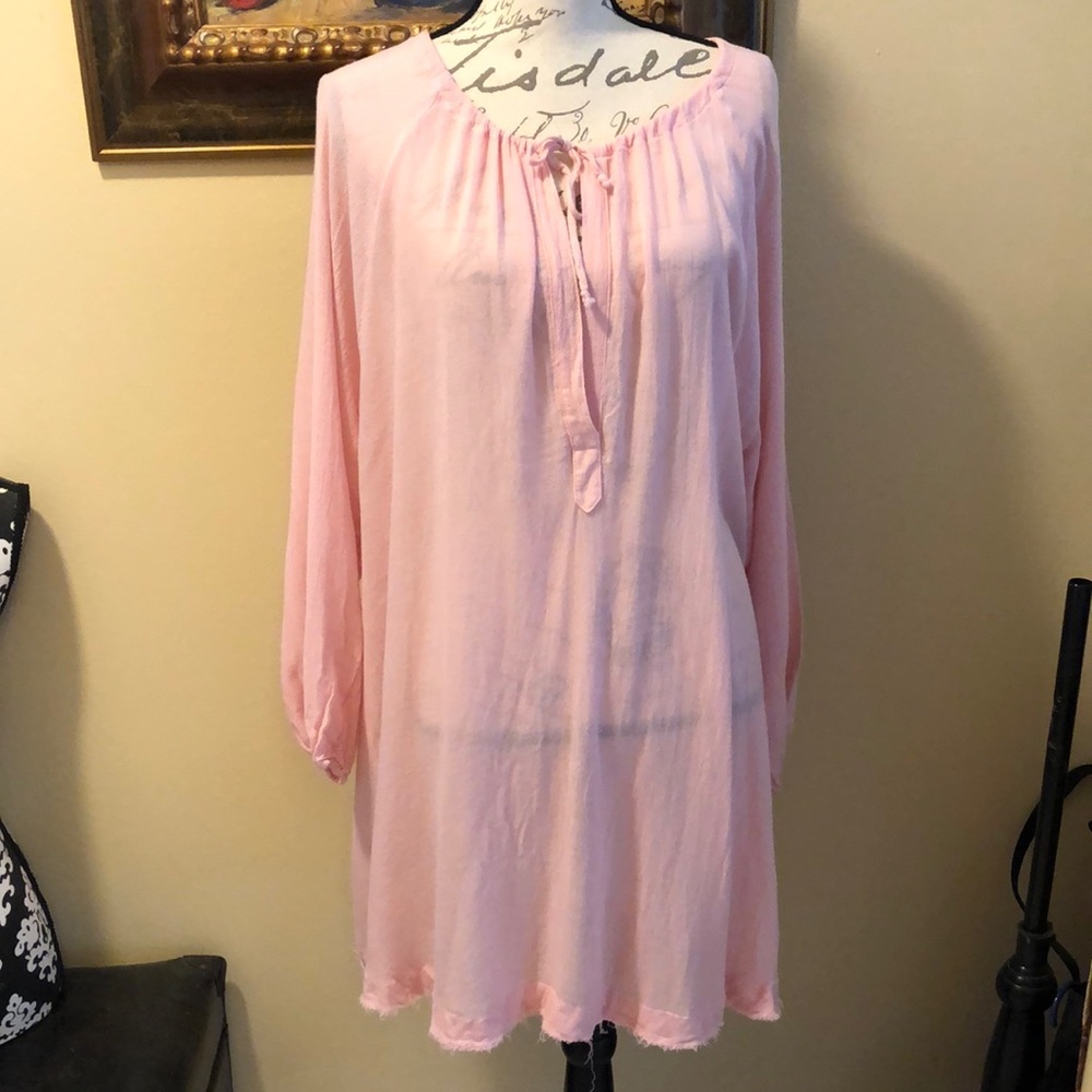 Eberjey oversized sheer ethereal deep V-neck pull ties long sleeve fringy hem